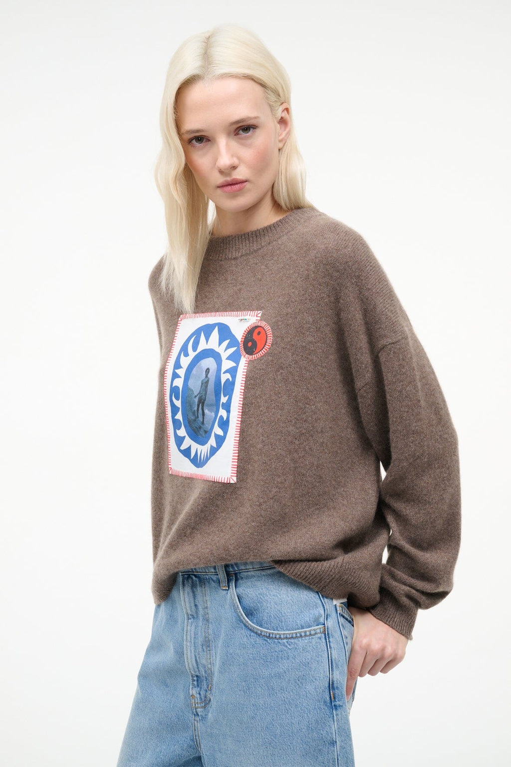 SERRANO CASHMERE RELAXED CREW | TRUFFLE PATCHWORK