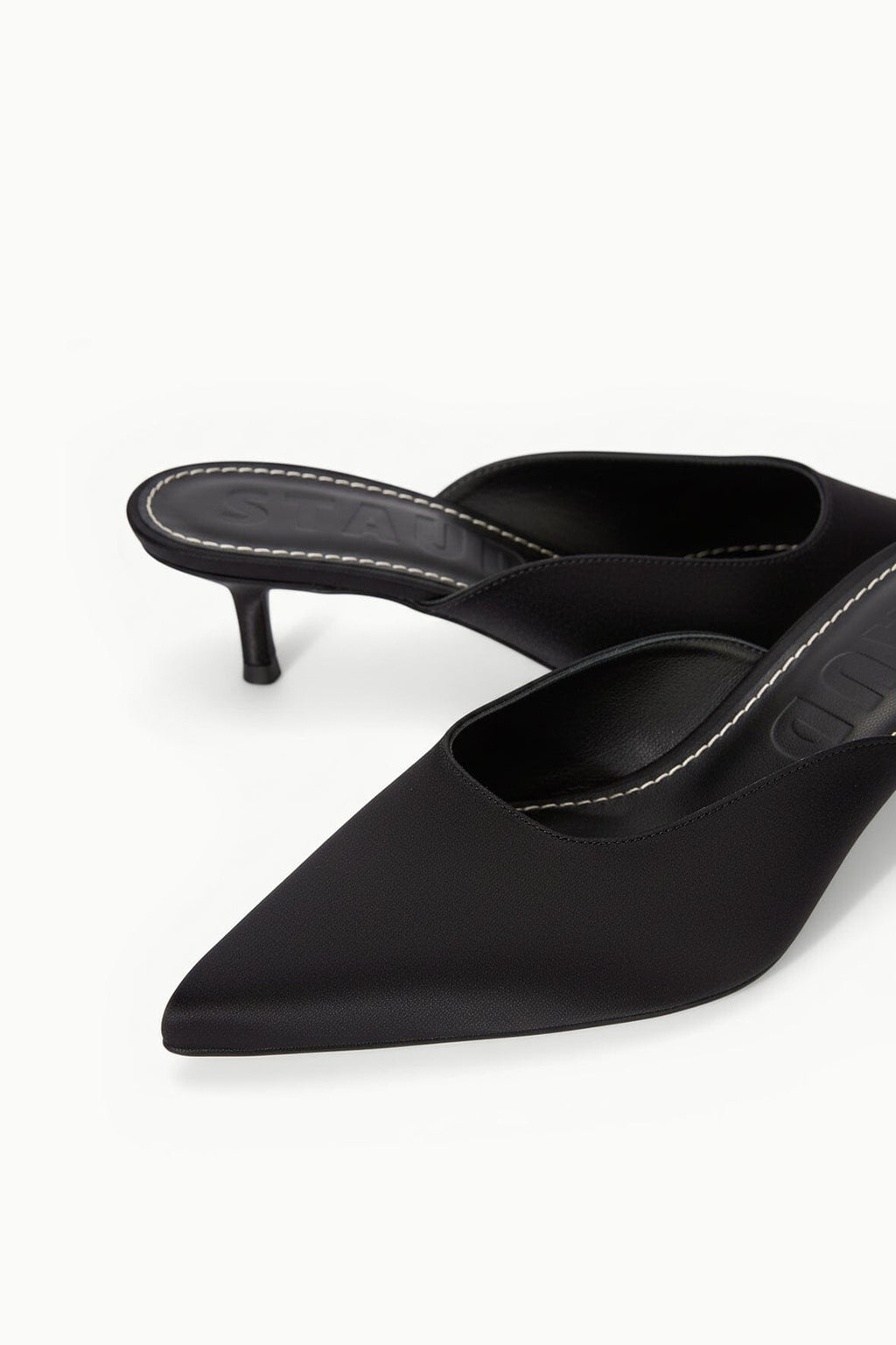 SEBASTIAN KITTEN HEEL MULE | BLACK SATIN