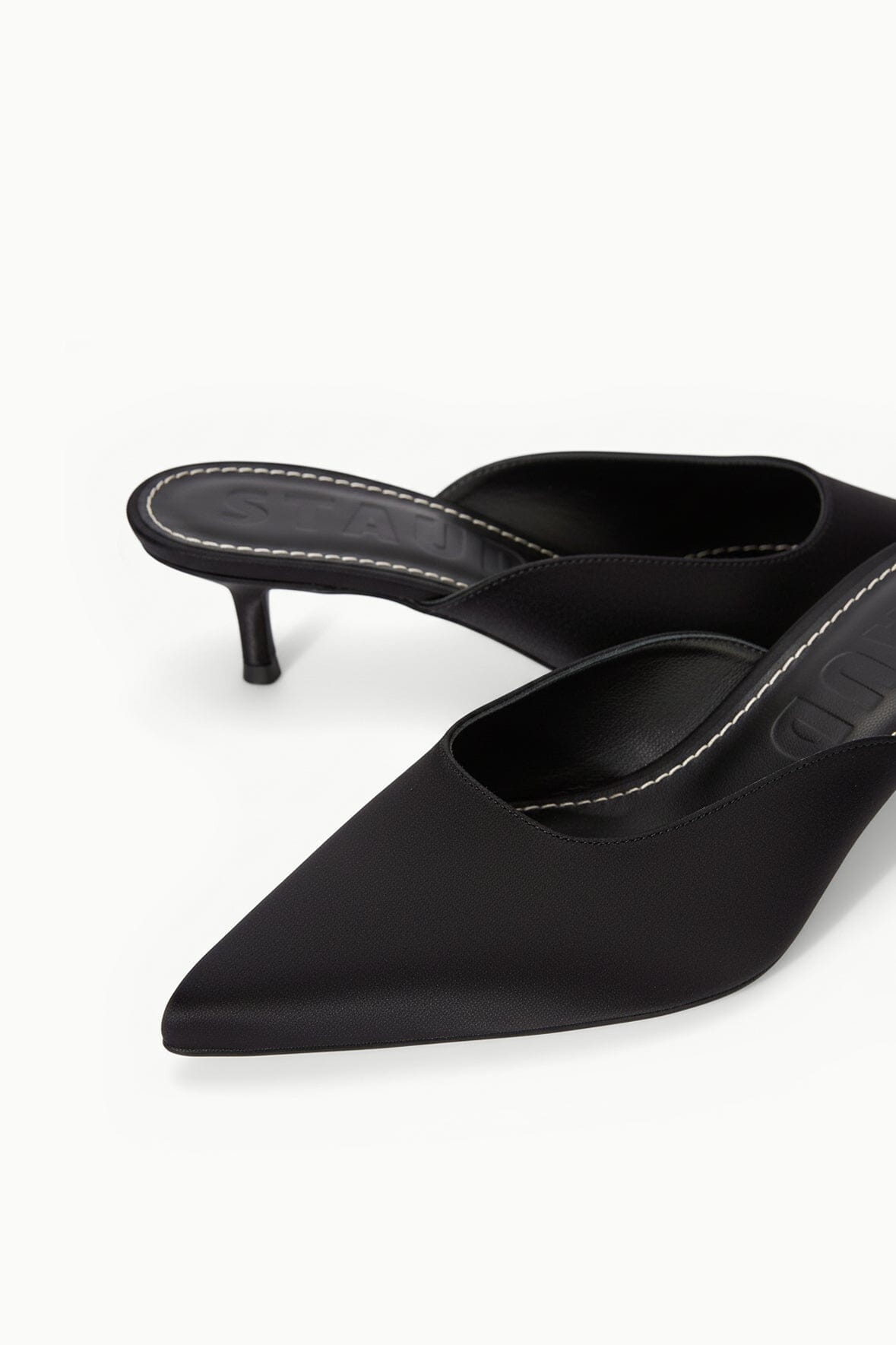 SEBASTIAN KITTEN HEEL MULE | BLACK SATIN